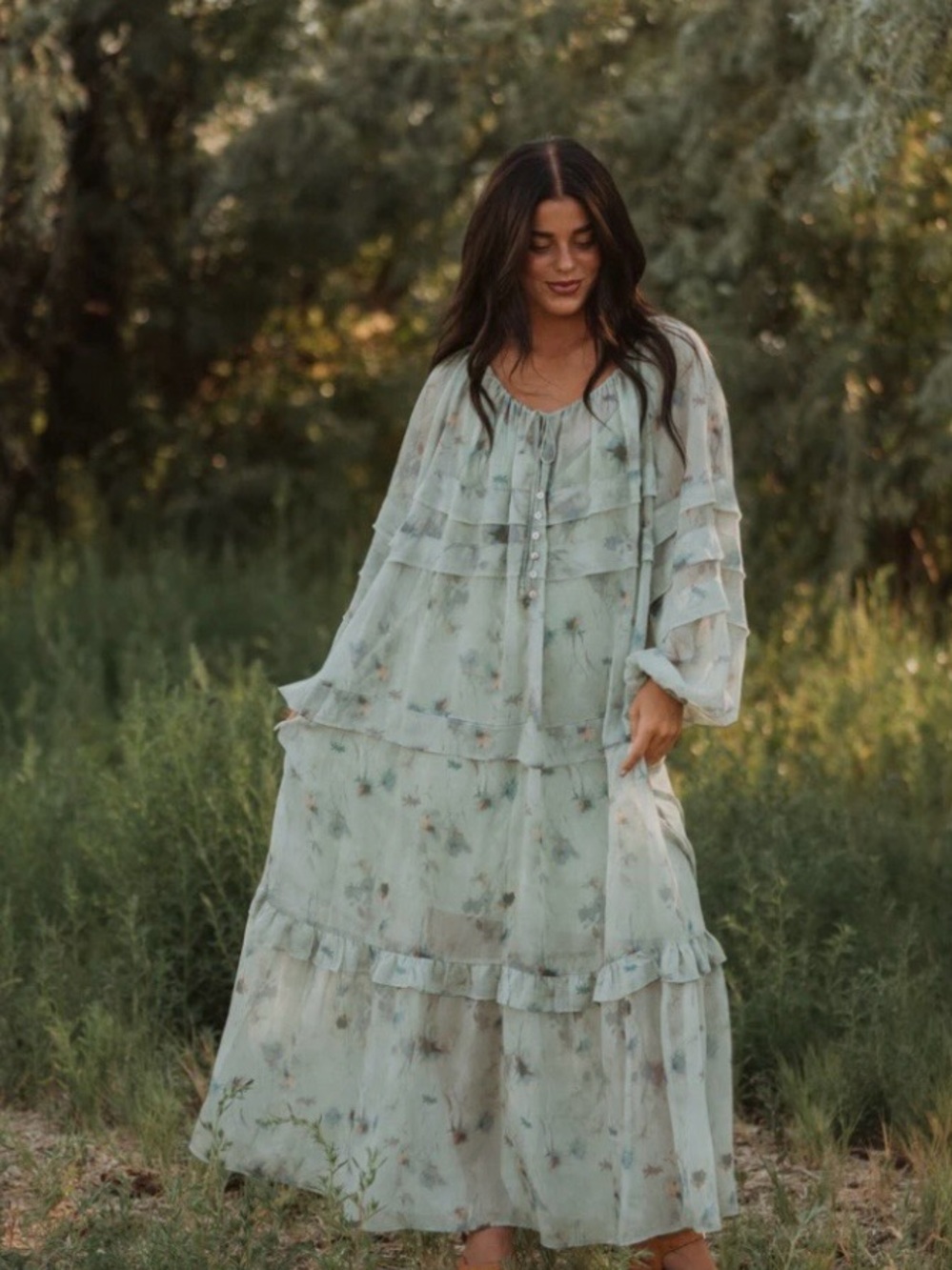By Together Light Sage Floral Tiered Maxi Dress